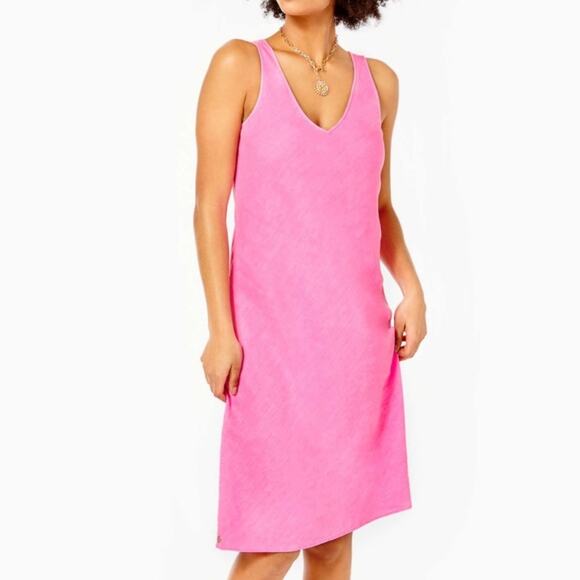 New Lilly Pulitzer Florin Sleeveless Line Pink Isle 100% Lagoon Linen Women's M - Picture 1 of 10